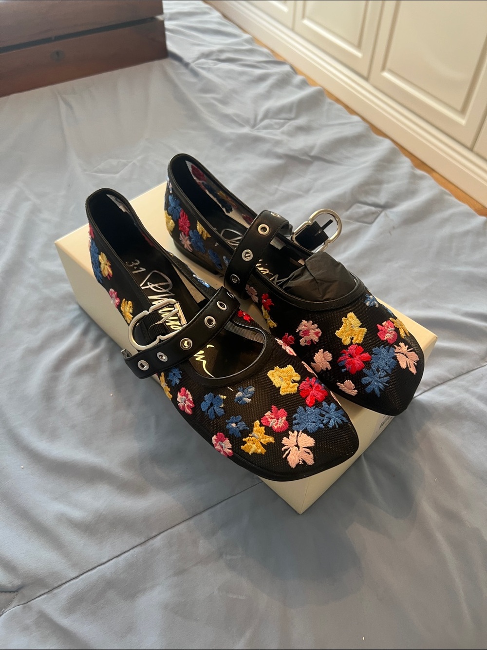 3.1 Phillip Lim SS24 Floral Embroidered Mesh Mary Jane Flats
